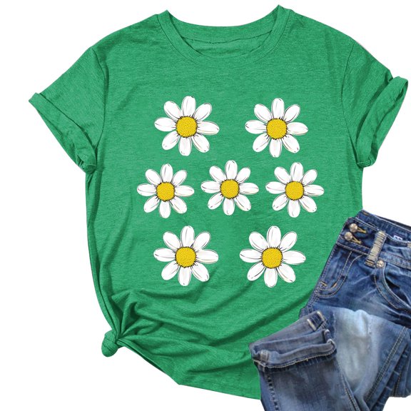 Women's Daisy Floral Tops Crewneck Short Sleeve Casual Summer Tshirts T Shirts Flower Print Loose Fit Tees Plus Size S-3X (L, Green)