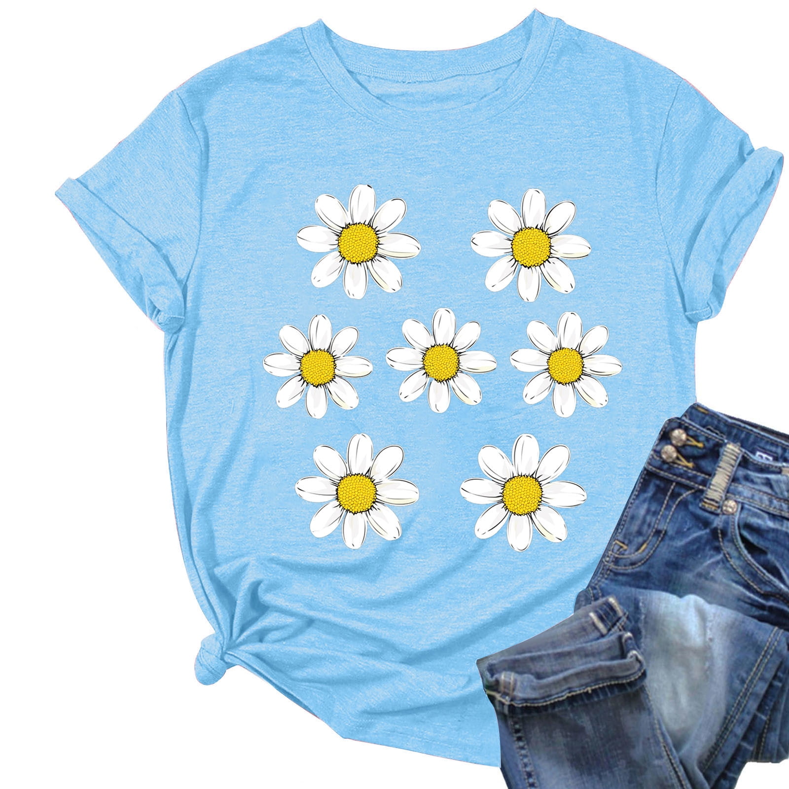 トップス SMALL FLOWER OVER SHIRT Women's Daisy Floral Tops Crewneck Short Sleeve Casual Summer