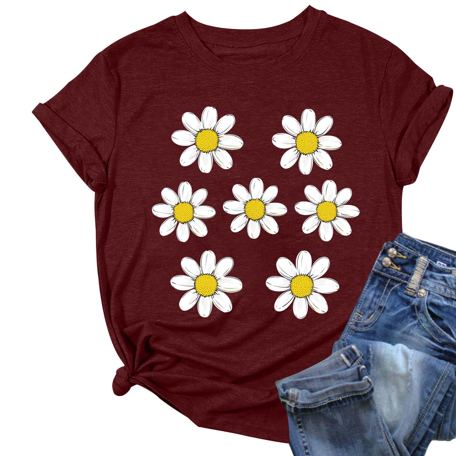 トップス SMALL FLOWER OVER SHIRT Women's Daisy Floral Tops Crewneck Short Sleeve Casual Summer