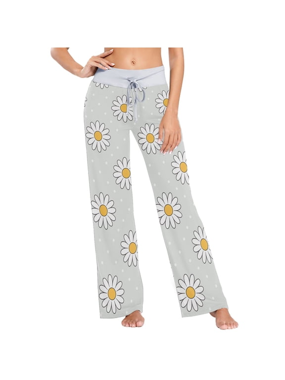 Women's Daisy Polka Dots Comfy Stretch Wide Leg Pajama Pants, Drawstring Waist Casual Lounge Pants