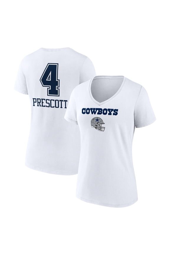 Women's Dak Prescott White Dallas Cowboys Team Wordmark Player Name & Number V-Neck T-Shirt