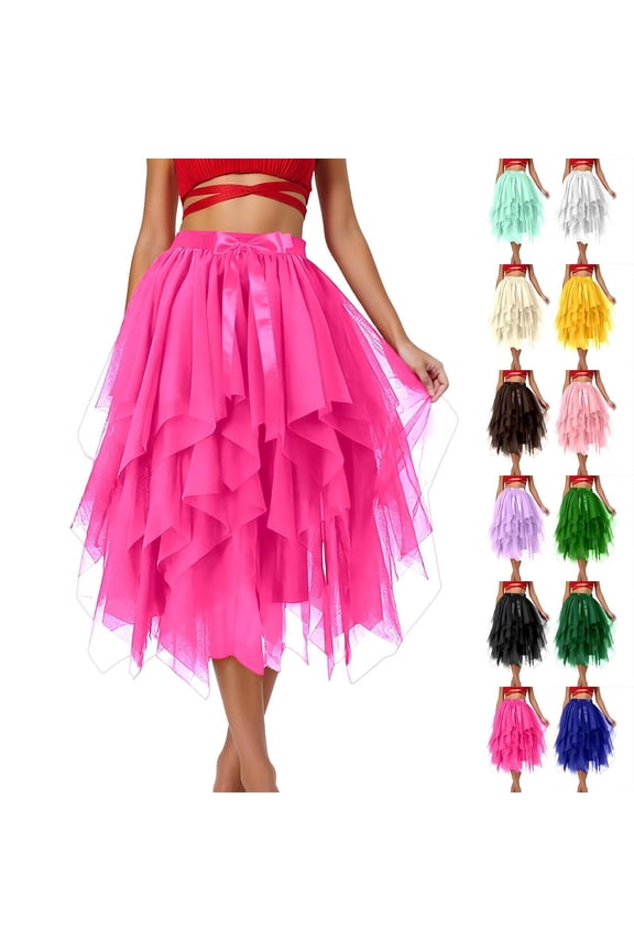 Women's Dance Tulle Skirt, 3-Layer Puff Tutu Skirt, Performance Half Skirt for Ballet, Stage Show, Cheerleading and Costume,Hot Pink,S