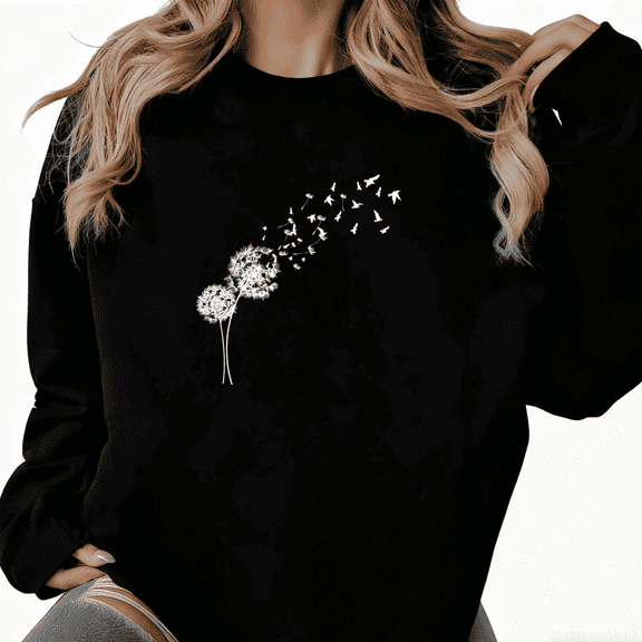 Women's Dandelion Bird Printed Cotton Sweatshirt Round-neck Long-sleeved Black S-3XL