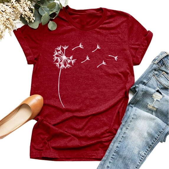 Women's Dandelion Print T Shirts Cute Graphic Short Sleeve Summer Tee