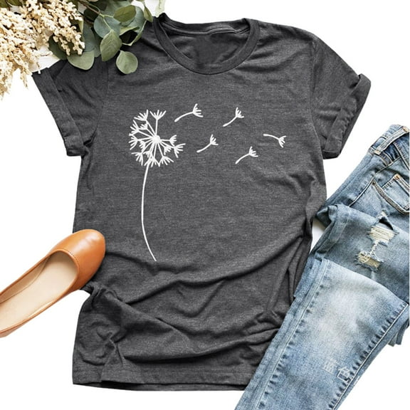 Women's Dandelion Print T Shirts Cute Graphic Short Sleeve Summer Tee