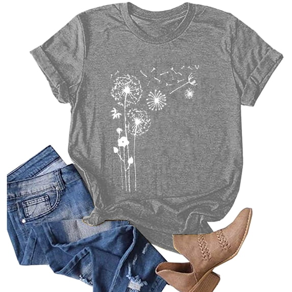 Women's Dandelion Print T Shirts Cute Graphic Tees Short Sleeve Summer Tee Tops