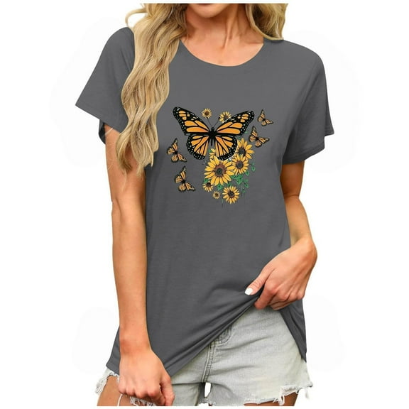 Women's Dandelion T Shirts Cute Wildflower Graphic Tees Funny Butterfly Print Summer Casual Short Sleeve Tee Tops