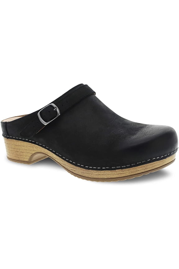 9421-101600: Woemn's Mule, Berry, Black Burnished Nubuck