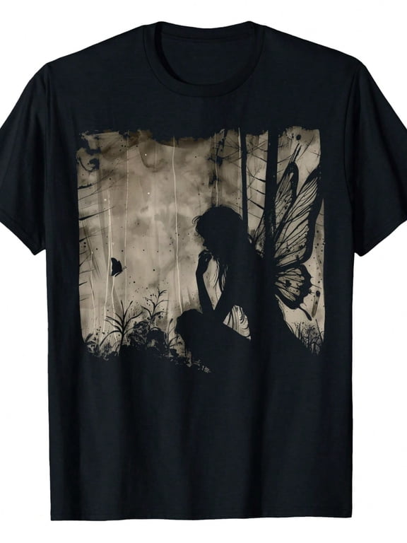 Women's Dark Aesthetic Gothic Fairy Silhouette T-Shirt