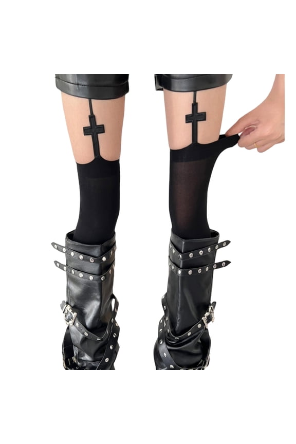 Women's Dark Aesthetic Pantyhose Suspender Tights Punk Crosses Design Hollowout Garter Belt Thigh High Stockings