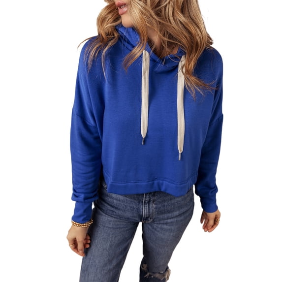 Women's Dark Blue Drop Shoulder Cropped Hoodie with Drawstring | (US 4-6)S