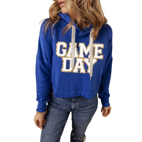 Women's Dark Blue Glittering 'GAME DAY' Patched Cropped Drawstring Hoodie - [ZhiHiMeRi] | (US 12-14)L