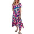 thumbnail image 1 of Women's Dark Blue Square Neck Floral Maxi Dress with Bubble Sleeves - [ZhiHiMeRi] | (US 12-14)L, 1 of 10