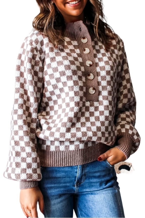 Women's Dark Brown Checkerboard Knit Sweater – Casual Long Sleeve Top for Daily Wear | XL