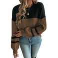 thumbnail image 1 of Women's Dark Brown Color Block Knit Sweater – Casual Fall Essential with Striped Sleeves | XL, 1 of 8
