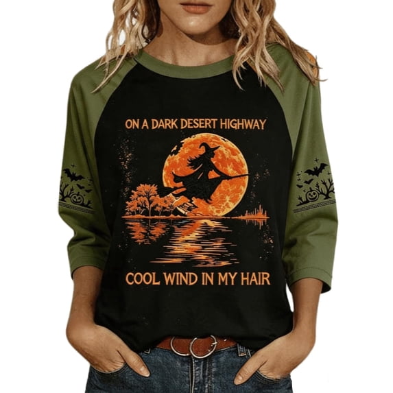Women's On A Dark Desert Highway Cool Wind in My Hair Flying Witch Shirt Halloween Raglan Long Length Sleeve Tops Casual Holiday Moon Print Tshirt Crew Neck Halloween Witch Tee (Dark Green,XL)