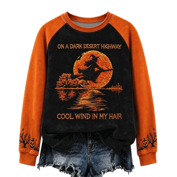 Women's On A Dark Desert Highway Cool Wind in My Hair Flying Witch Sweatshirts, Vintage Halloween Long Sleeve Crew Neck Fall Spooky Graphic Tops Tee Saffron S