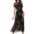 thumbnail image 1 of Women's Dark Elegant Floral Print Short Sleeve Mesh Panel Dress Black M, 1 of 7