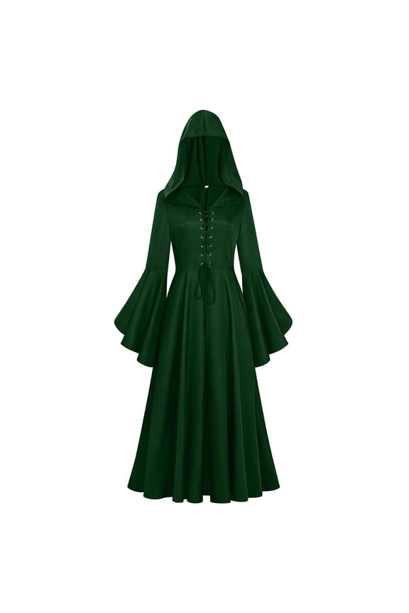 Women's Dark Gothic Cos Performance Dress Solid Color Hooded Dress Dark Green XL