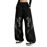 Women's Dark Gothic Print Wide Leg Sweatpants, High Waist Drawstring Casual Streetwear Baggy Pants, Loose Y2K Style Trousers for Hip Hop Punk