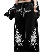Women's Dark Gothic Print Wide Leg Sweatpants, High Waist Drawstring Casual Streetwear Baggy Pants, Loose Y2K Style Trousers for Hip Hop Punk