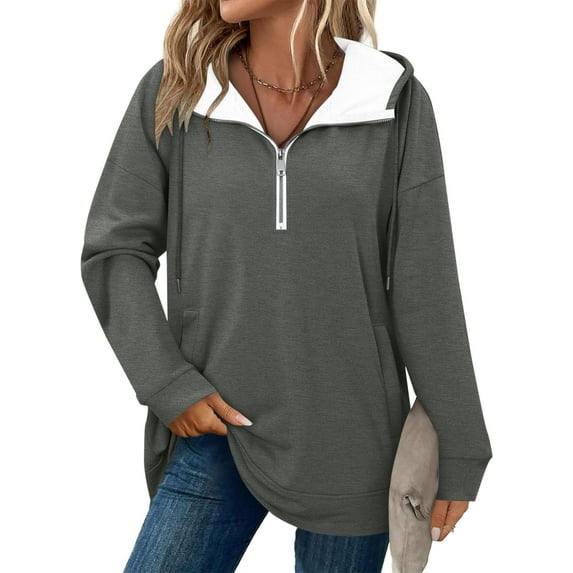 Women's Dark Gray Half Zip Oversized Color Block Hoodie - Soft Stretch Nylon Spandex Pullover with Pockets for Casual Daily Wear (S-XXL)