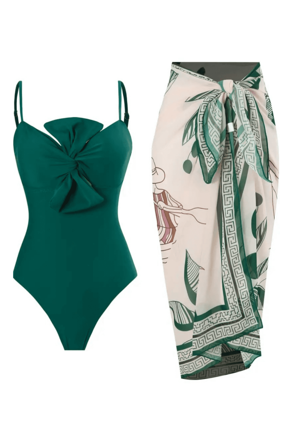 Women's Dark Green Bow Front One-Piece Swimsuit with Greek Key Print Cover-Up Skirt, Vintage Tummy Control Bathing Suit for Beach Cruise, S-XXL