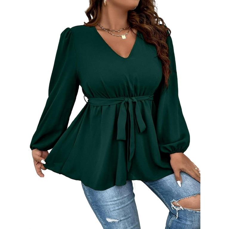 Women's Dark Green Plain V neck Casual Long Sleeve Plus Size