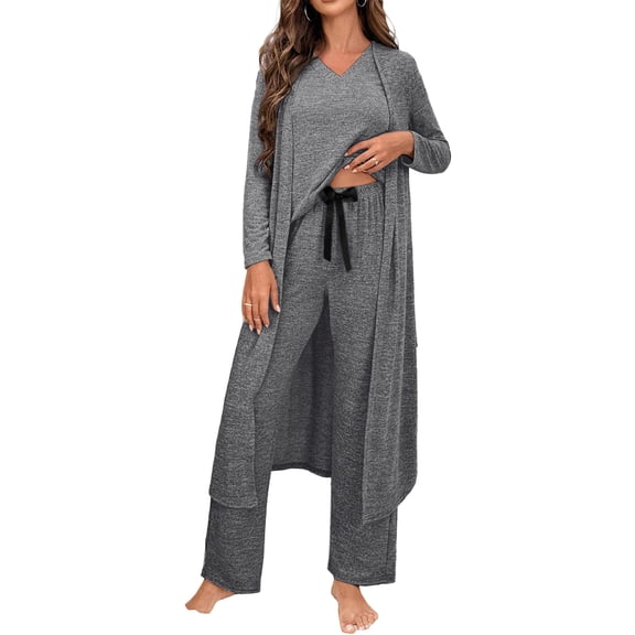 Women's Dark Grey 3-Piece V Neck Lounge Set – Casual Ribbon Knot Pants & Open Duster, XL