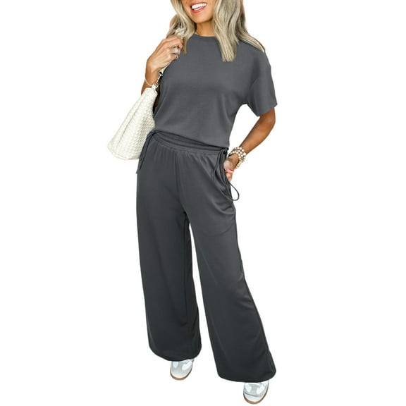 Women's Dark Grey Drawstring Side Crewneck Tee and Loose Pants Set - Casual Summer Outfit | [ZhiHiMeRi] | (US 12-14)L