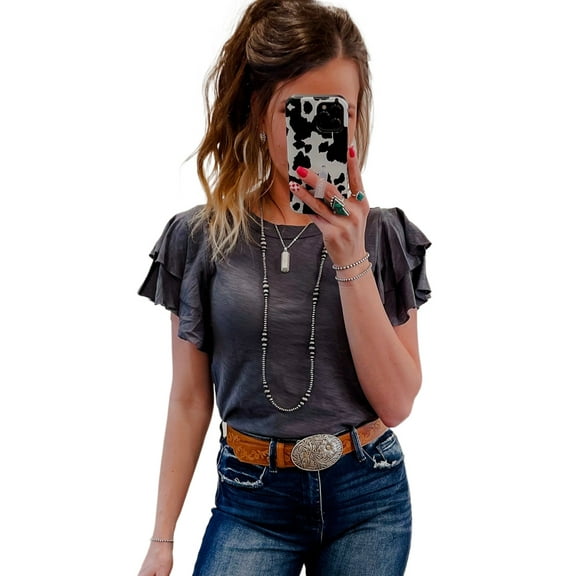 Elegant Ruffle Sleeve Design - Dark Grey Short Sleeve Top Perfect for Summer, (US 12-14)L