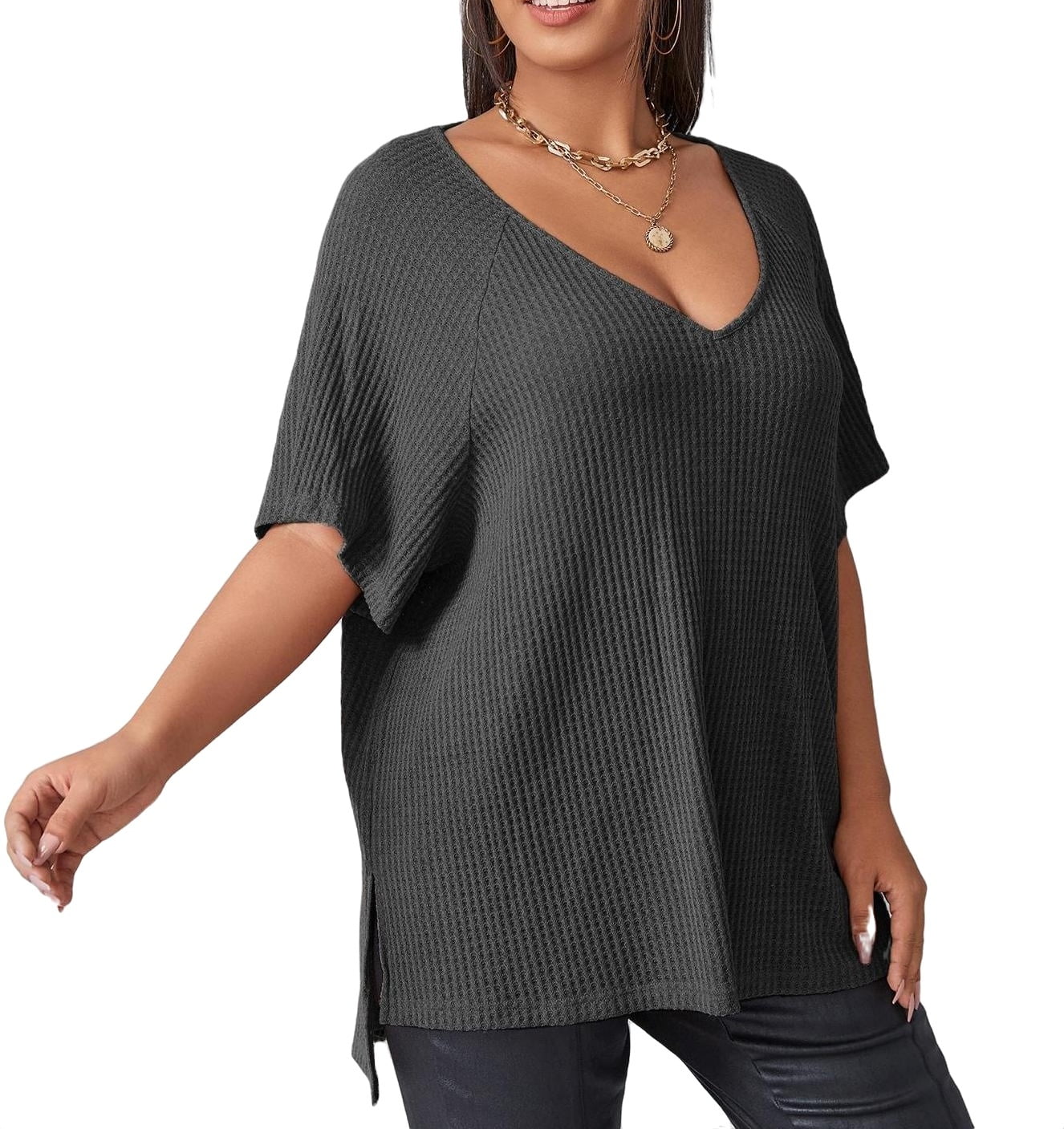 Women's Dark Grey Plain V neck Casual Elbow-Length Plus Size T-shirts ...