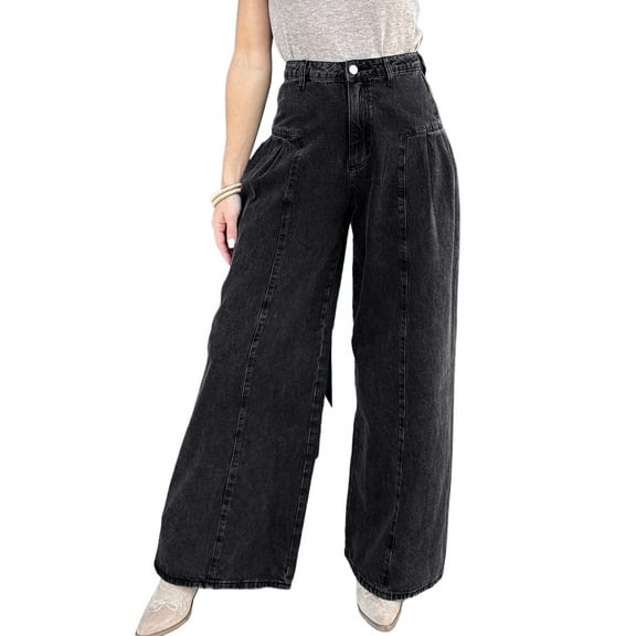 Women's Dark Grey Pleated Wide Leg Mineral Wash Denim Pants - Chic and Trendy Everyday Wear | [ZhiHiMeRi] | 10