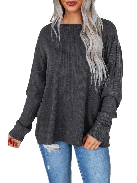 Women's Dark Grey Waffle Knit Long Sleeve Top – Casual Everyday Essential for Autumn - [ZhiHiMeRi] | XL