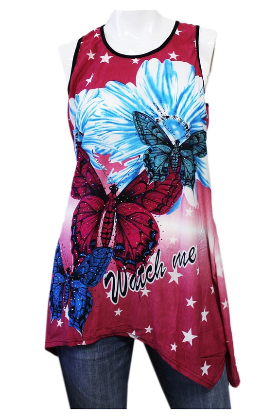 Women's Dark Pink Fade Sleeveless Top Butterflies Shirt (L/XL)