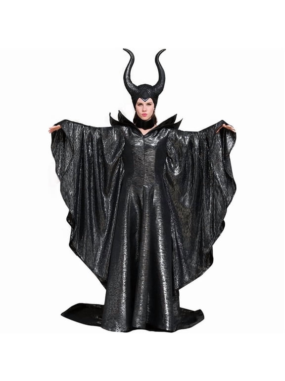 Women's Elegant Dark Gothic Queen Style Black Long Gown with Horn Headpiece Fantasy Fashion Wear