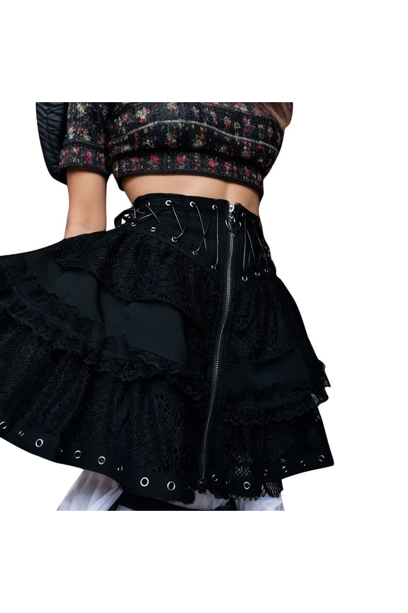 Women's Dark Style Lace Zipper Patchwork A-Line Skirt Elegant Gothic Fashion High Waist Flowy Midi Skirt for Casual Party Wear