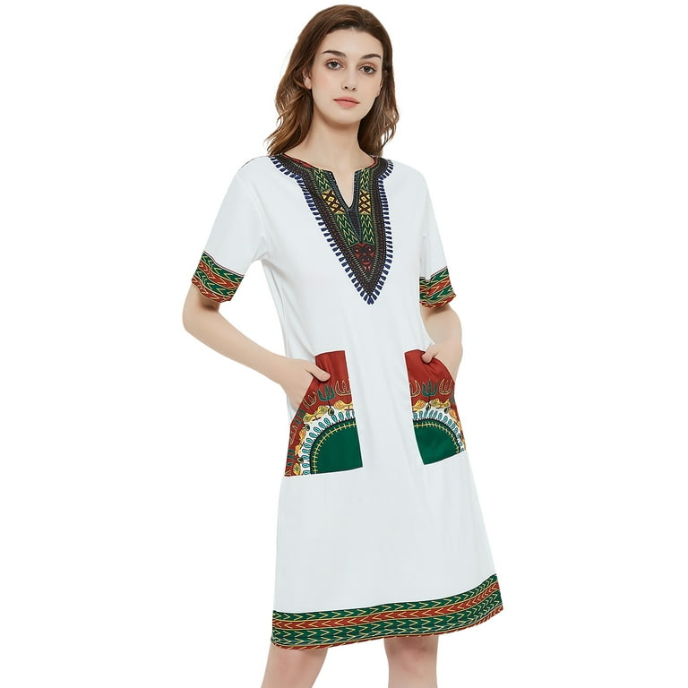 Women s Dashiki Print Tribal Short Sleeve Zip up Stretch Mini Dress with Pockets Walmart