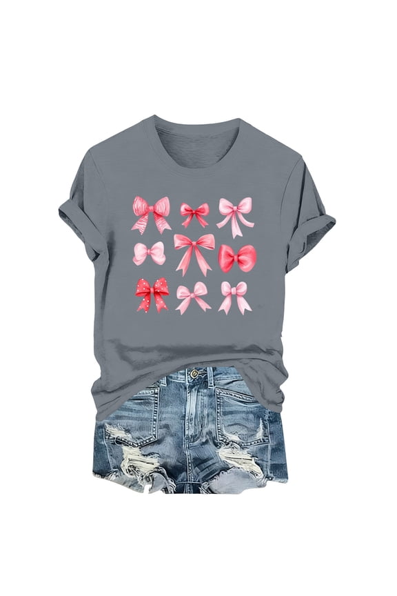 Women's Date Night Top Bow Print Casual Short Sleeve Round Neck T-Shirt Valentine's Theme Romantic Graphic Cute Spring Summer Chic Relaxed Fit Tee