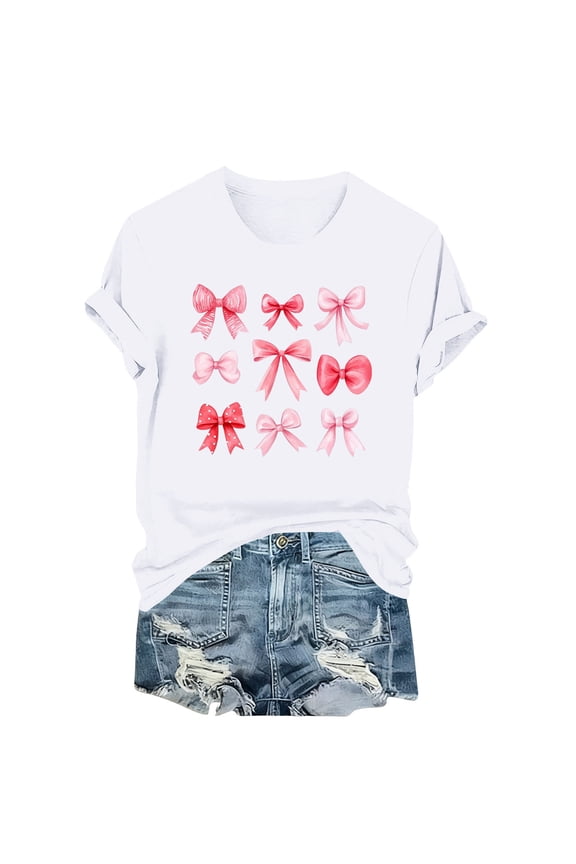 Women's Date Night Top Bow Print Casual Short Sleeve Round Neck T-Shirt Valentine's Theme Romantic Graphic Cute Spring Summer Chic Relaxed Fit Tee