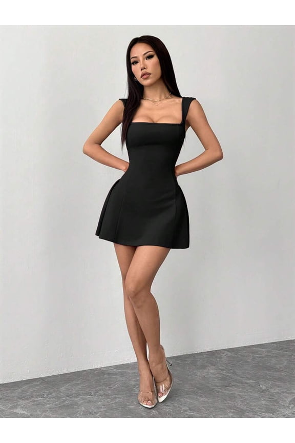 Women's Date Party Solid Color Red Mini A-Plump Square Neck Sexy And Elegant Waist Bud Dress, Rave Outfits Festival