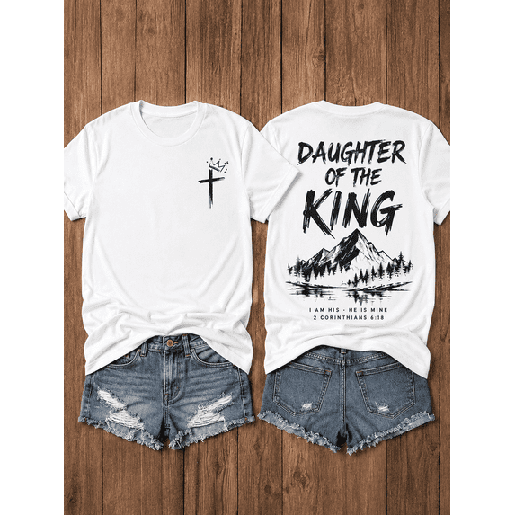 Women's Daughter of the King Christian T-Shirt, Faith Graphic Cross Bible Verse Short Sleeve Crew Neck Casual Summer Tee Gift for Women