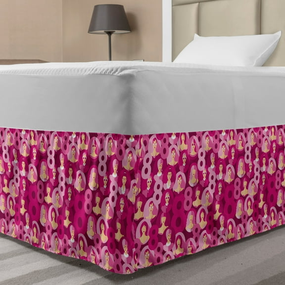 Women's Day Bed Skirt, Pattern of Circular Lady Portraits Symbolic 8 of March Design, Elastic Bedskirt Dust Ruffle Wrap Around for Bedding Decor, 4 Sizes, Magenta Baby Pink and Peach, by Ambesonne