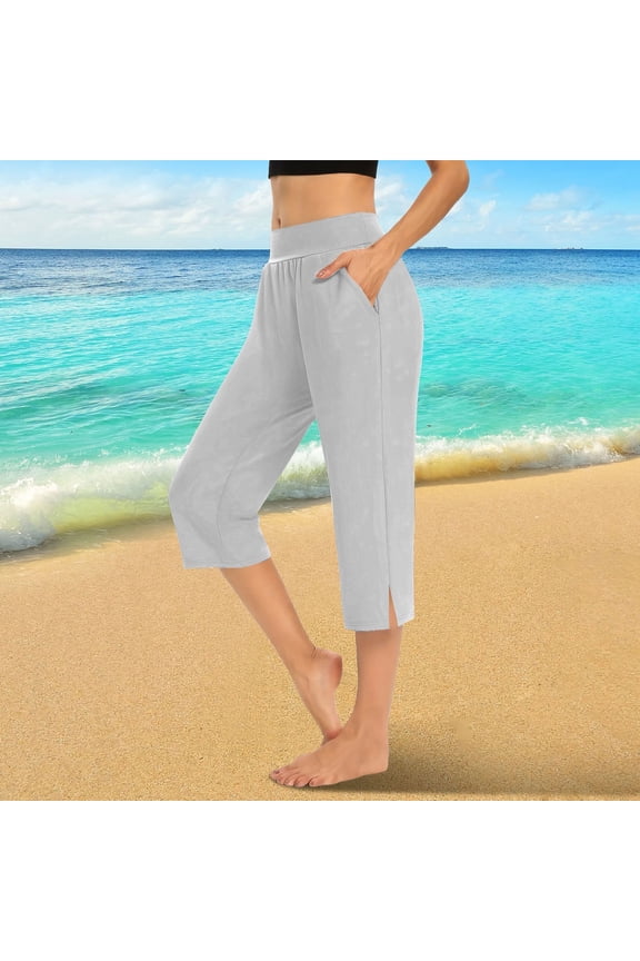 Women's All Day Comfort Yoga Capri Pants, High Waist Elastic Waistband Loose Fit Cropped Trousers with Side Pockets and Split Hem Lightweight Breathable Workout Pants, Gray XL