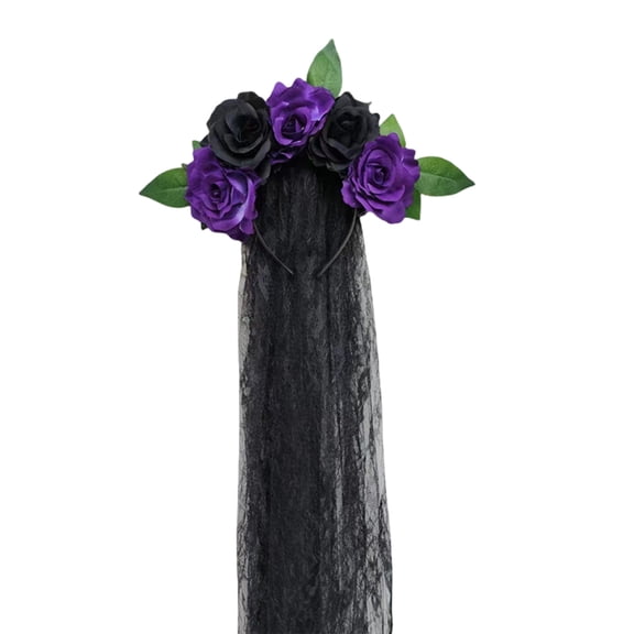 Women's Day of The Dead Headpiece Artificial Rose Flower Crown 36 Inch Long Sheer Mesh Tulle Lace Veil Halloween Floral Headband for Halloween Party 1 Pack