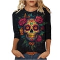 thumbnail image 1 of Women’s Day of the Dead T Shirt 3/4 Sleeve Crewneck Top Colorful Floral Skull Skeleton Print Trendy Casual Blouse for Festival and Themed Party Outfits, 1 of 5