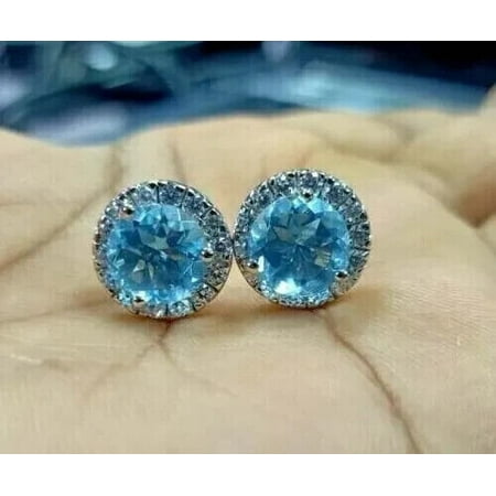 Women's Day Sale 2Ct Round Cut Lab-Created Blue Topaz Stud Earrings 14k White Gold Plated Silver