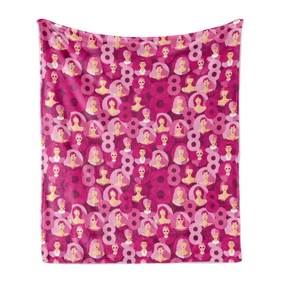 Women's Day Soft Flannel Fleece Blanket, Pattern of Circular Lady Portraits Symbolic 8 of March Design, Cozy Plush for Indoor and Outdoor Use, 50" x 60", Magenta Baby Pink and Peach, by Ambesonne