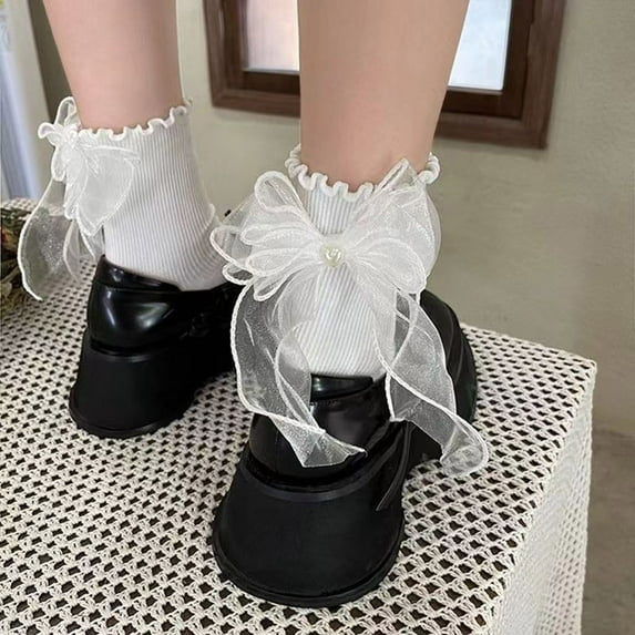 Women's Day Tie Sweet Mesh Bow Socks Girly Style Cute Pile Socks Womens Extra Wide Socks Long Socks for Women Cute Socks Sock Forms Thigh High Socks Decorated Toe Socks Womens Sports Compression Socks