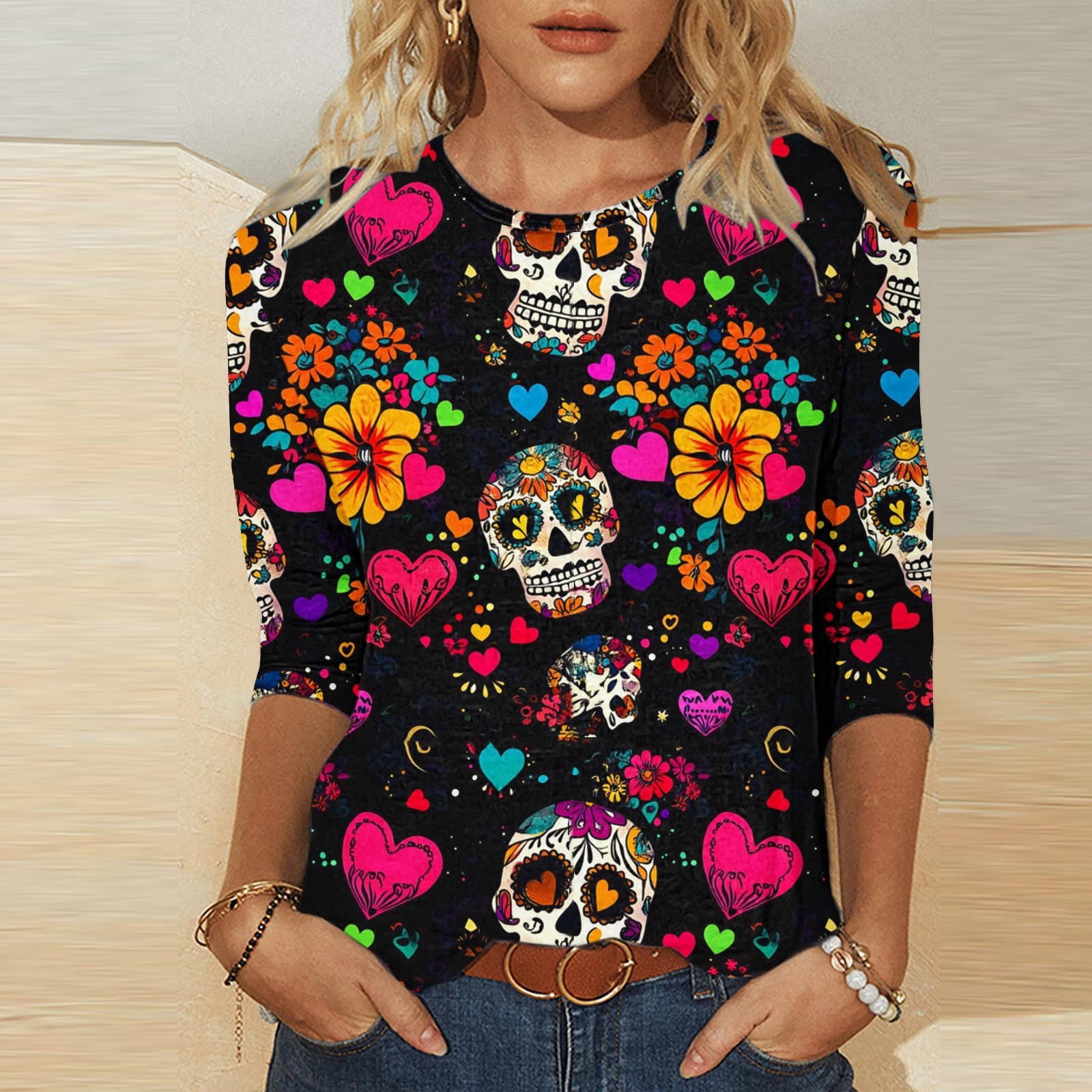 Women's Day of The Dead Print T-Shirt Crew Neck 3/4 Sleeve Loose Fit Mexican Skull Tee